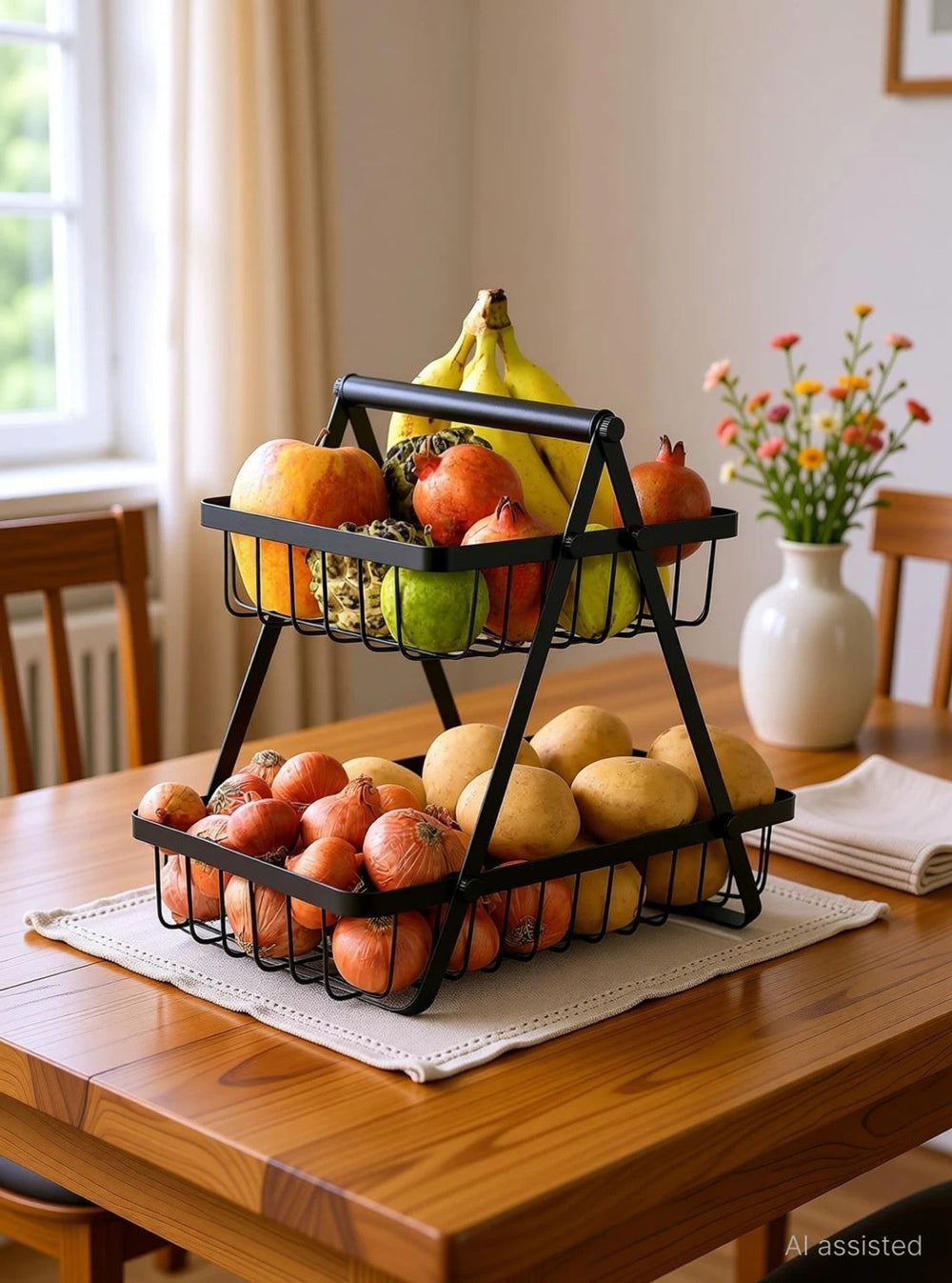Moonval 2-Tier Storage Basket, Metal Fruit and Vegetable Organizer with Carry Handle
