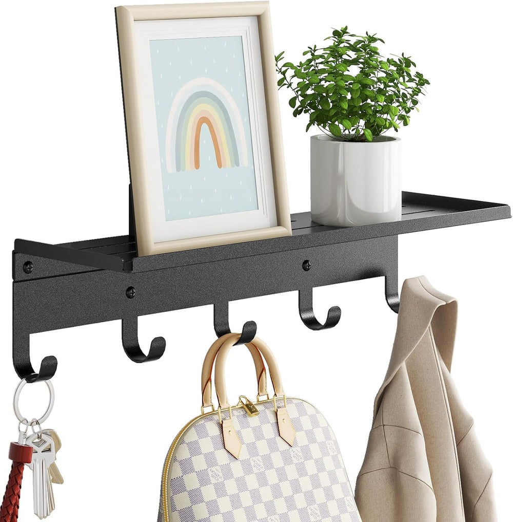 Moonval Wall Shelf with Hooks, 17-Inch Floating Shelf with 5 Metal Hooks for Entryway & Bedroom