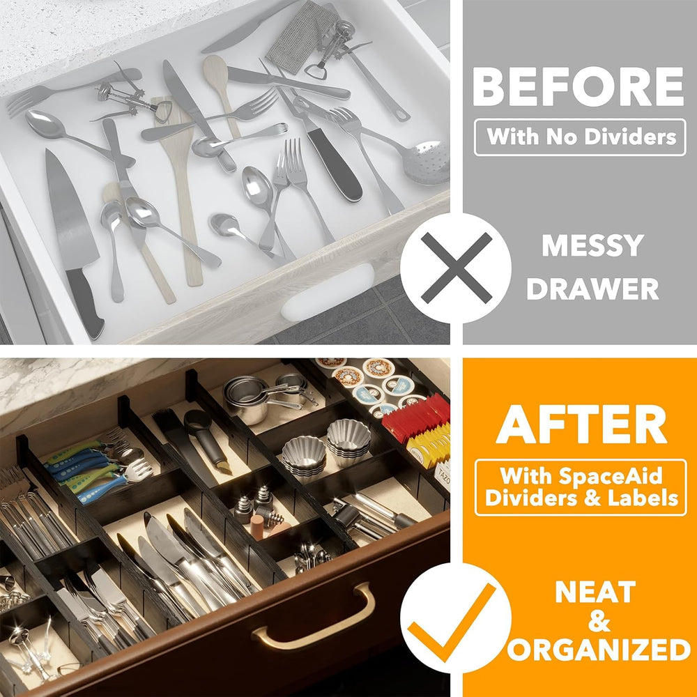 Moonval Bamboo Drawer Dividers, Adjustable Organizers with Inserts & Labels for Kitchen & Dressers