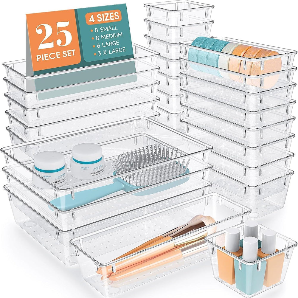 Moonval Clear Drawer Organizer Set, 25-Piece Plastic Storage Trays for Kitchen, Bathroom & Office