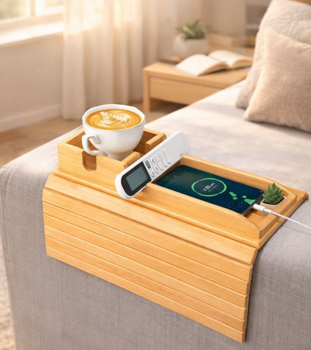 Moonval Bamboo Couch Cup Holder, Wooden Sofa Armrest Tray with Phone Slot & Snack Holder