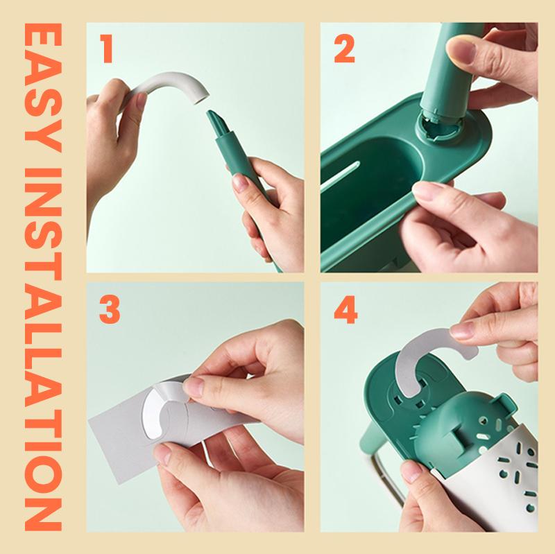 Moonval Expandable Sink Caddy, Adjustable Drain Rack with Towel Bar & Utensil Holder