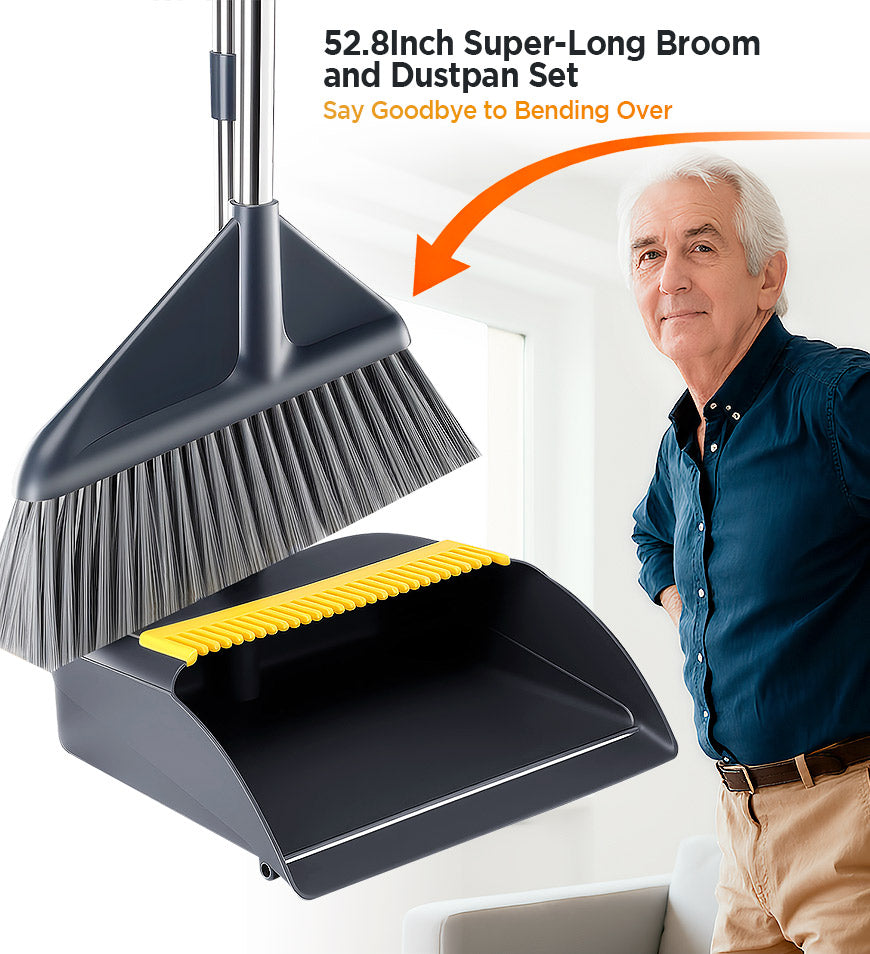 Moonval 3-in-1 Broom & Dustpan Set, Heavy-Duty Floor Cleaning Kit for Hard Floors & Pet Hair