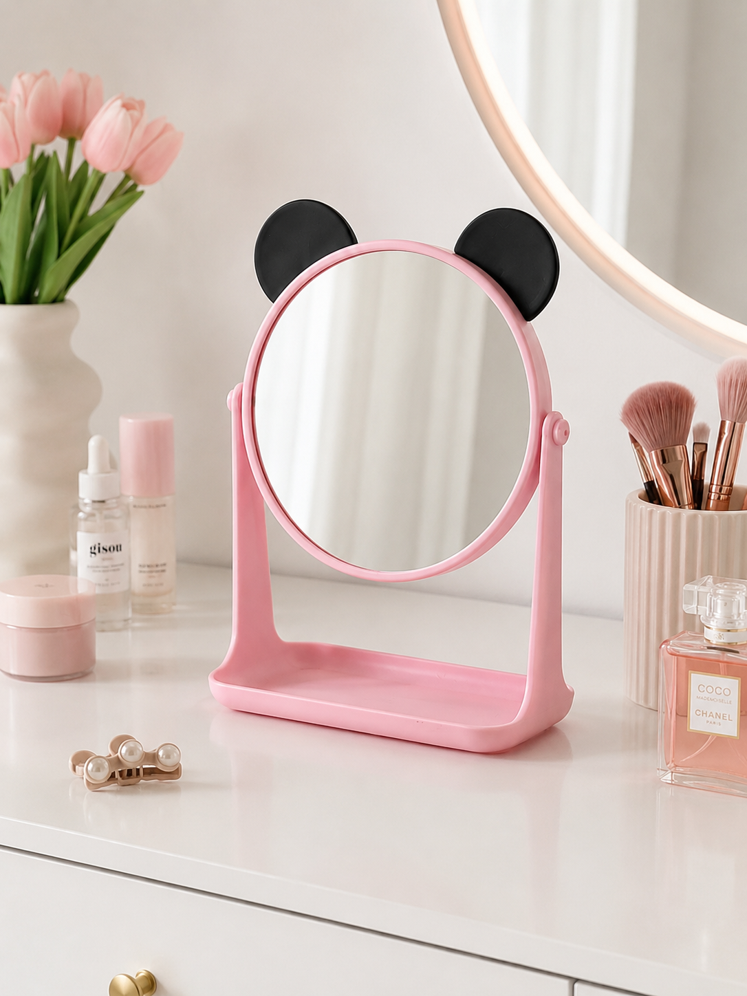 Moonval Bear Vanity Mirror, Rotating Desktop Makeup Mirror with Storage Tray