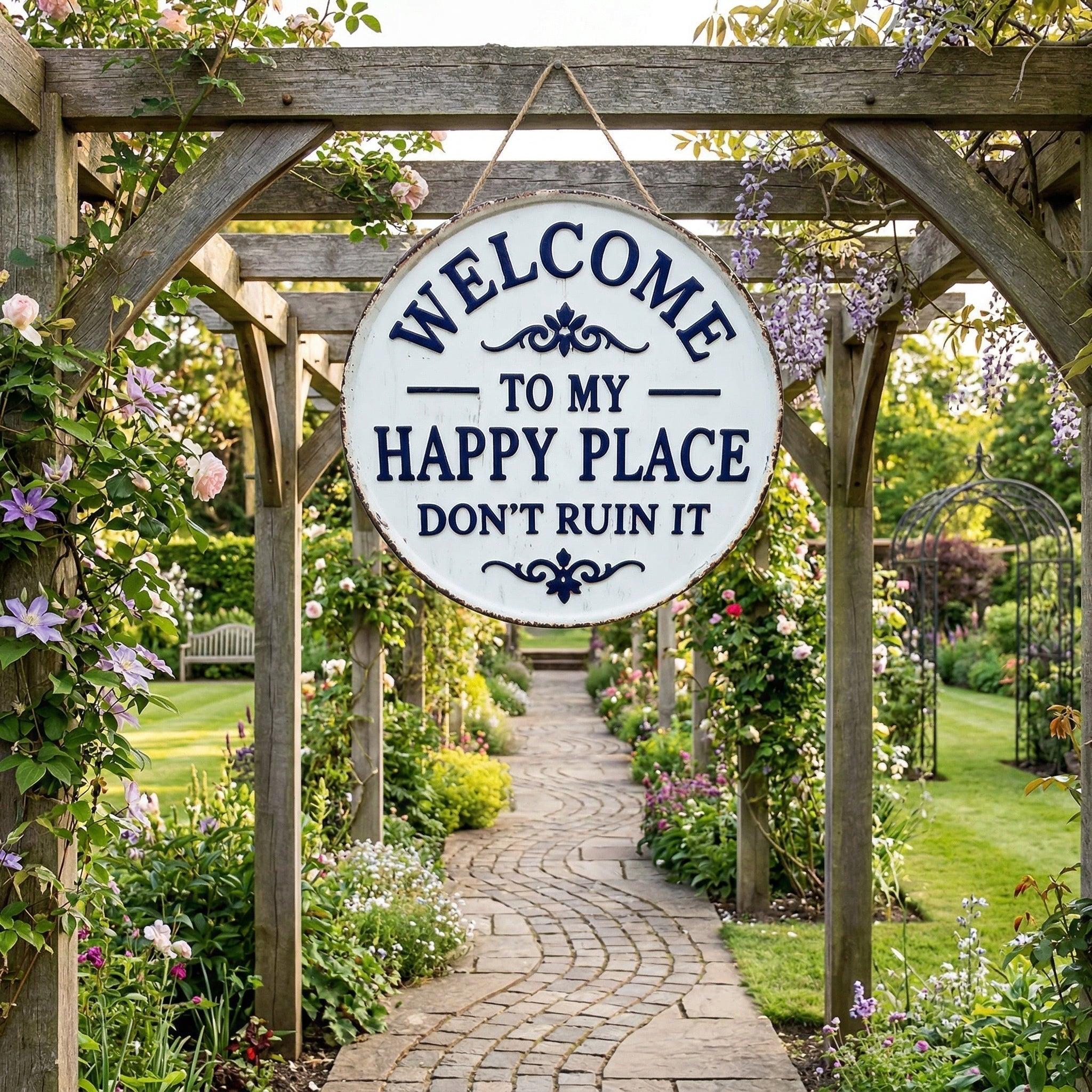 Moonval Vintage Metal Garden Sign, Round Welcome Wall Plaque for Outdoor Patio, Porch & Yard Decor
