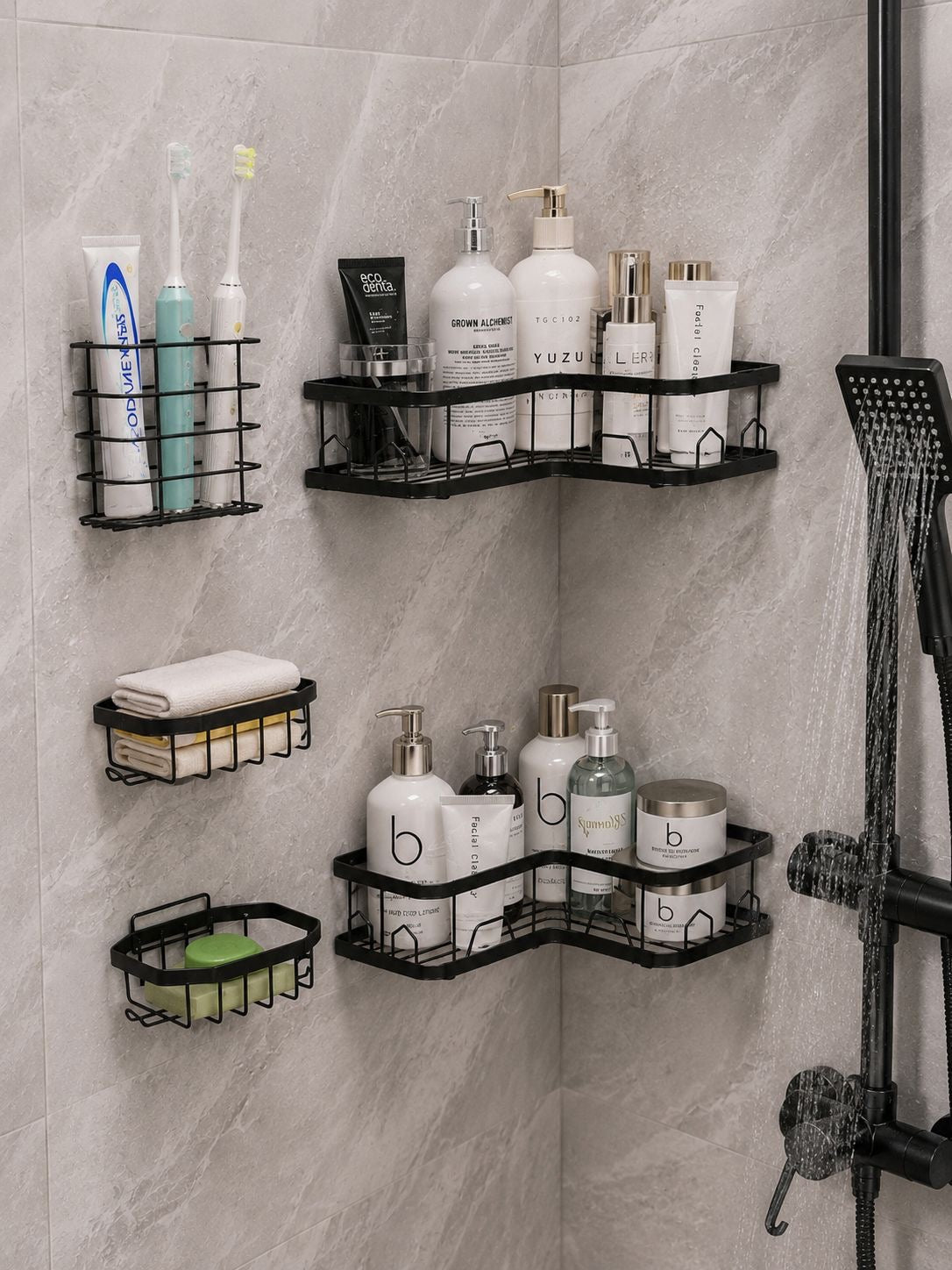 Moonval 5-Tier Metal Corner Shower Caddy, No-Drill Bathroom Organizer with Soap Holder