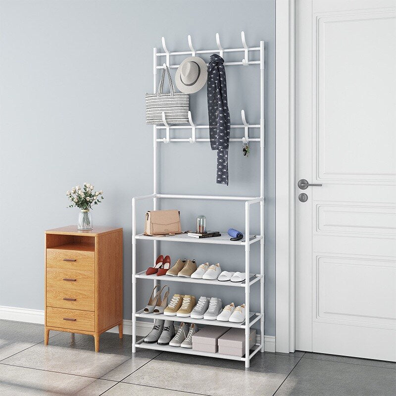 Moonval Hall Tree with Shoe Rack, Entryway Coat Stand with 4 Shoe Shelves & Storage Hooks