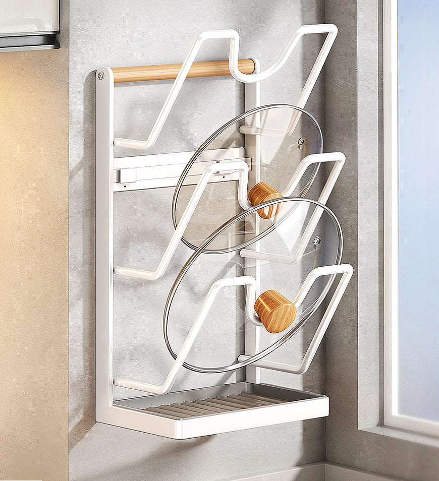 Moonval Wall-Mounted Pot Lid Rack, Drill-Free Kitchen Organizer with Drip Tray