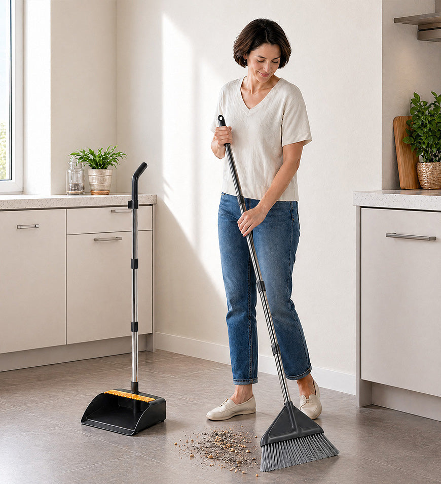 Moonval 3-in-1 Broom & Dustpan Set, Heavy-Duty Floor Cleaning Kit for Hard Floors & Pet Hair