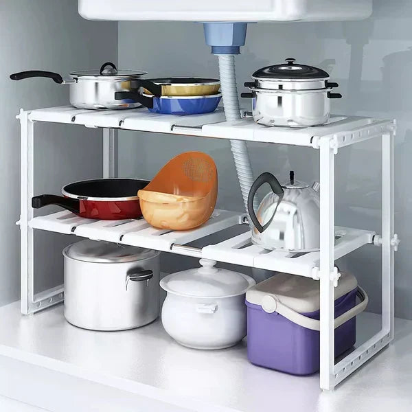 Moonval Adjustable Under Sink Shelf, Expandable Storage Organizer Rack for Kitchen & Bathroom Cabinets