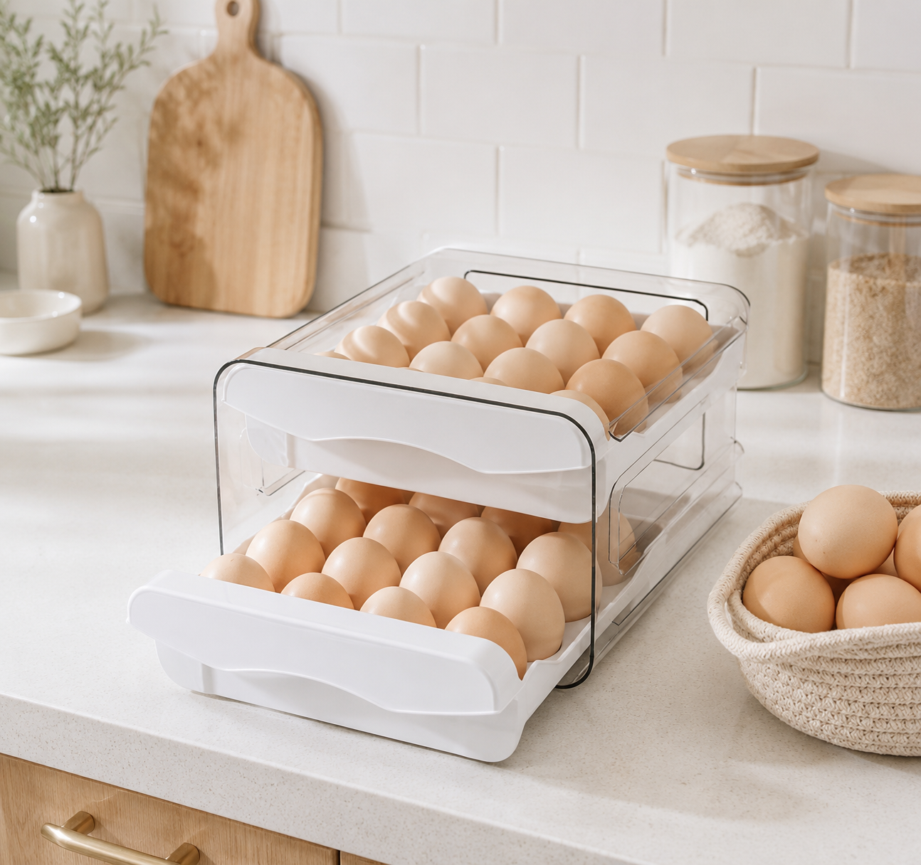 Moonval Double Layer Egg Organizer, Stackable Refrigerator Egg Storage Drawer, Space-Saving
