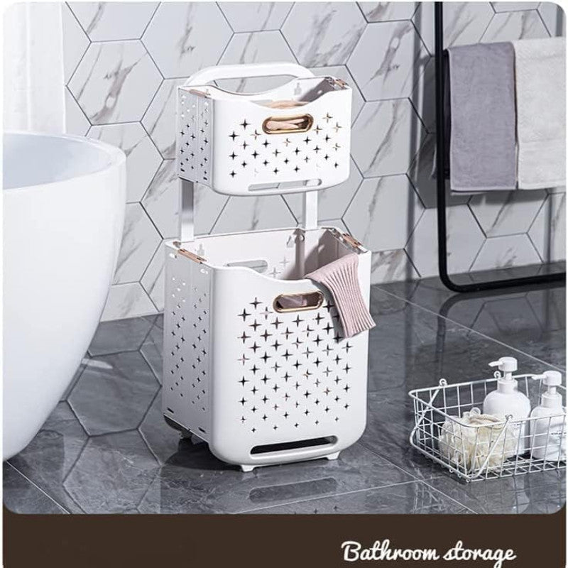 Moonval 2-Tier Laundry Hamper, Rolling Clothes Organizer with Double Compartments & Storage Shelf