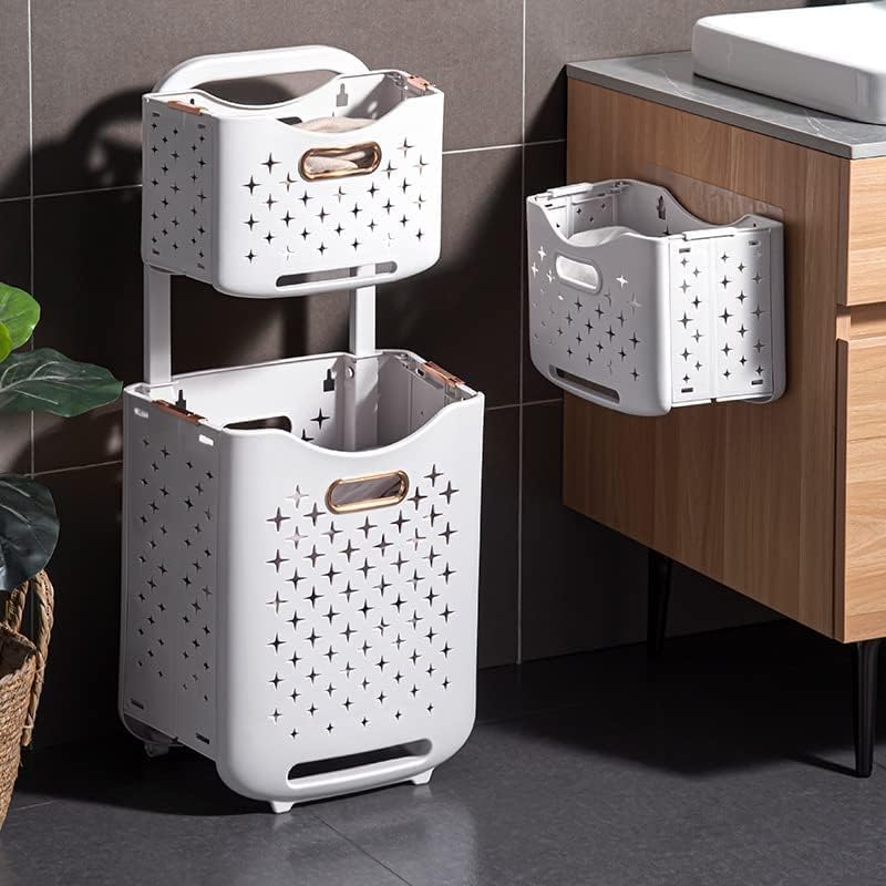 Moonval 2-Tier Laundry Hamper, Rolling Clothes Organizer with Double Compartments & Storage Shelf