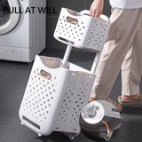 Moonval 2-Tier Laundry Hamper, Rolling Clothes Organizer with Double Compartments & Storage Shelf