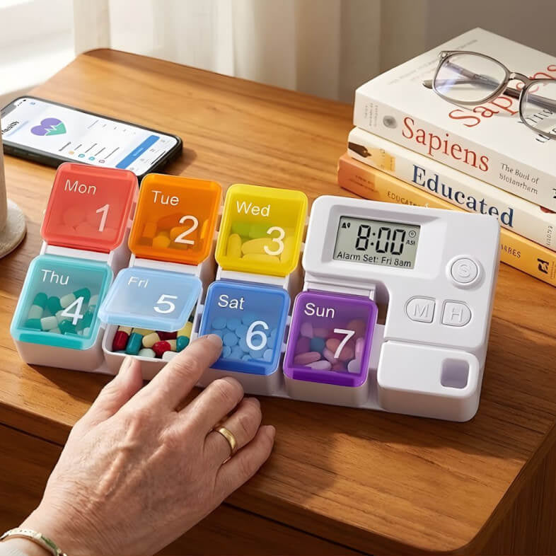 Moonval Smart Weekly Pill Organizer, 7-Day Alarm Reminder Box with Digital Timer & Compartments