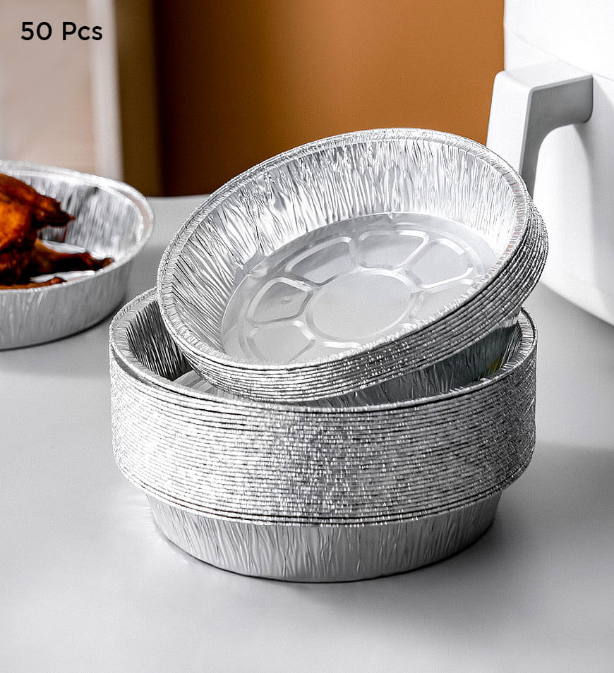Moonval Round Aluminum Air Fryer Liners, Disposable Oil-Resistant Foil Trays for Air Fryers