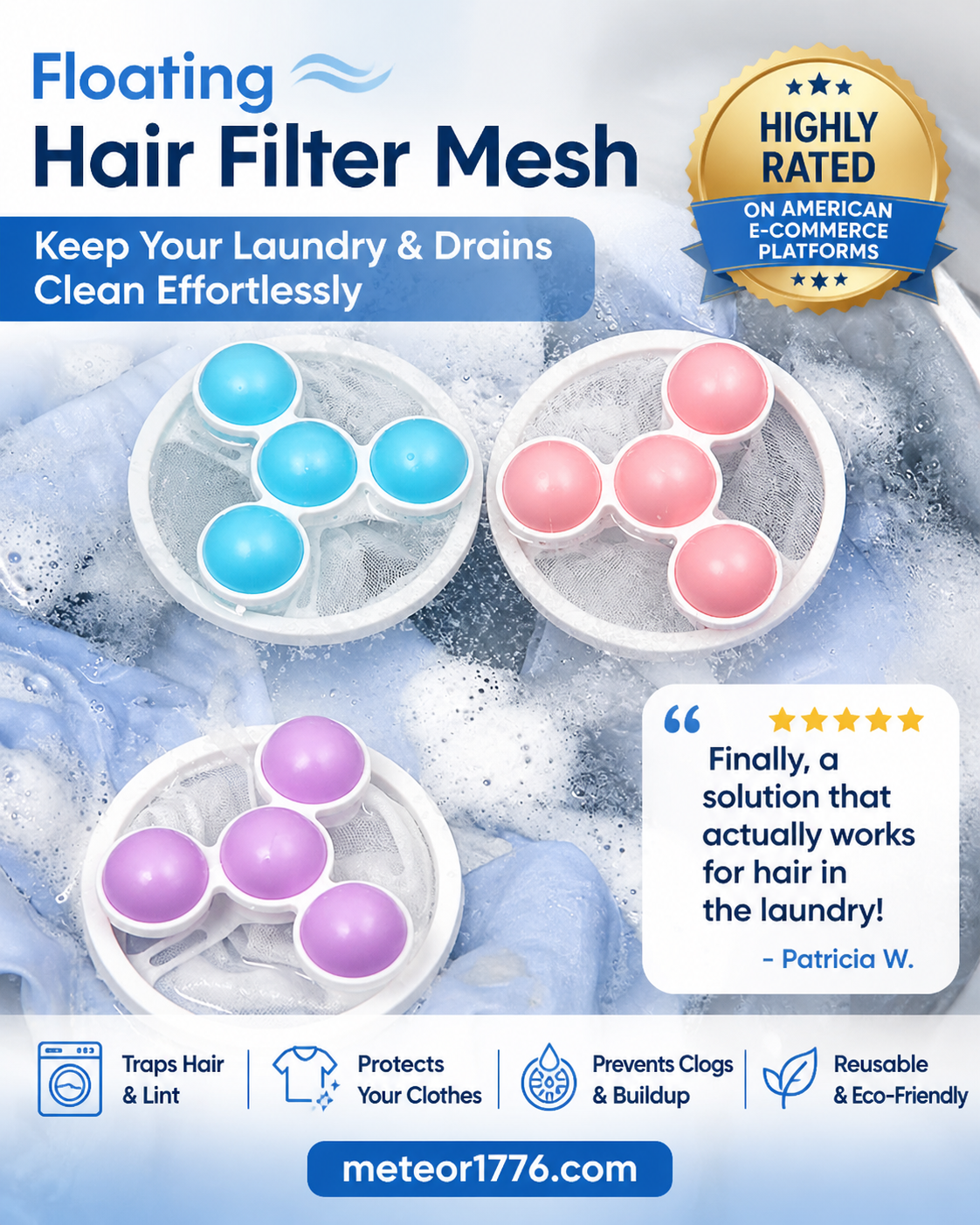 Moonval Floating Hair Catcher, Reusable Mesh Drain Filter for Washers, Sinks & Bathtubs