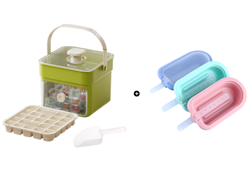 Moonval Ice Cube Maker Box, Press-to-Release Ice Tray with Storage Bin & Scoop