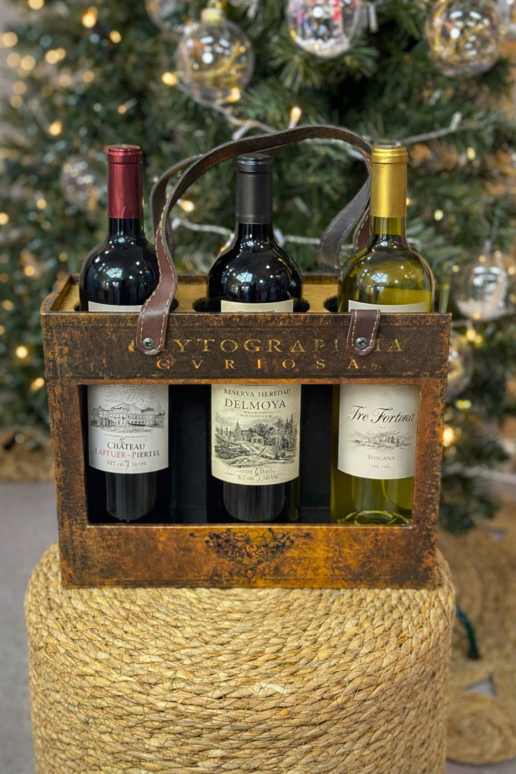 Moonval Decorative 3-Bottle Wine Holder, Rustic Wooden Wine Carrier with Handle