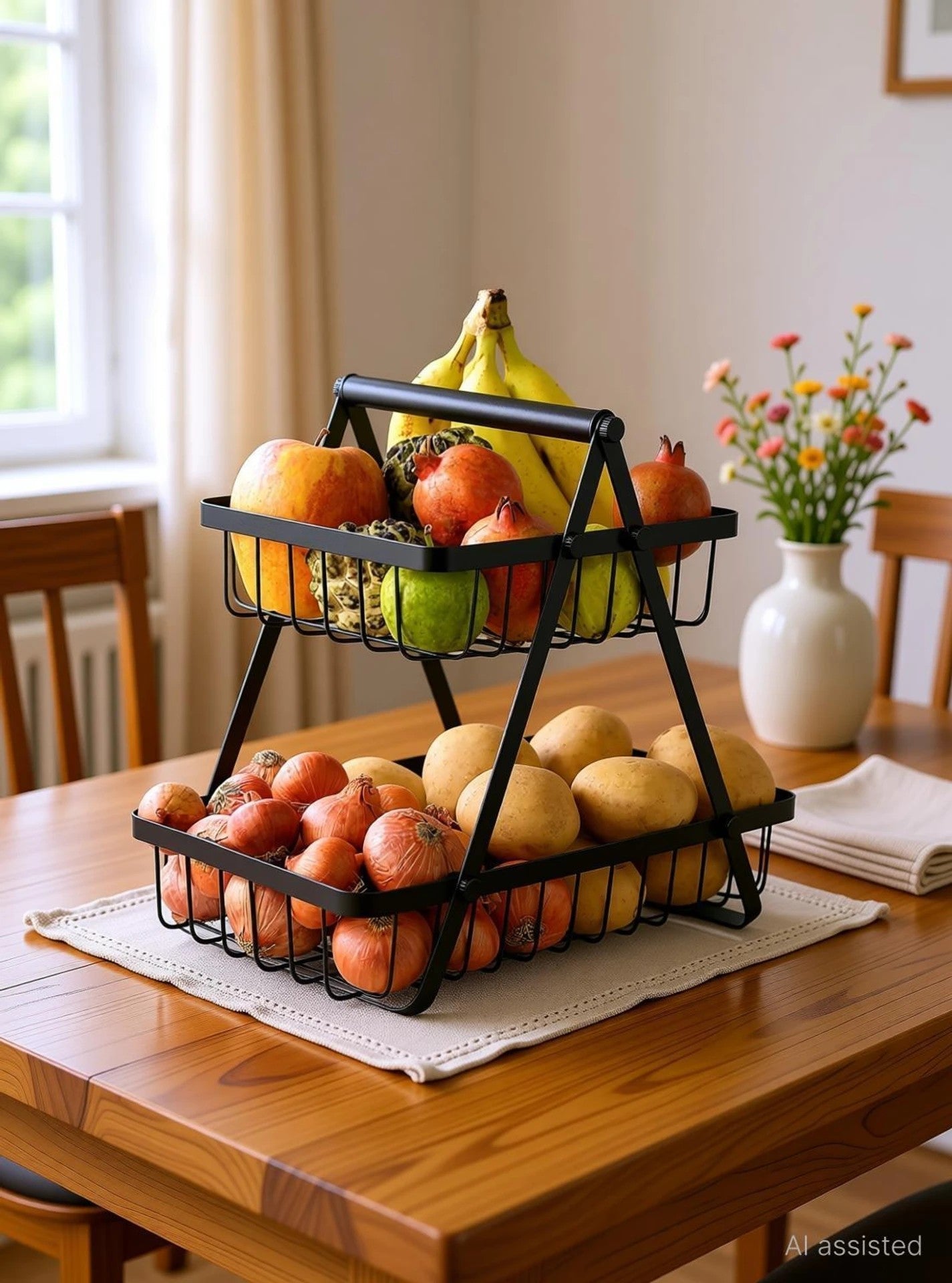 Moonval 2-Tier Storage Basket, Metal Fruit and Vegetable Organizer with Carry Handle