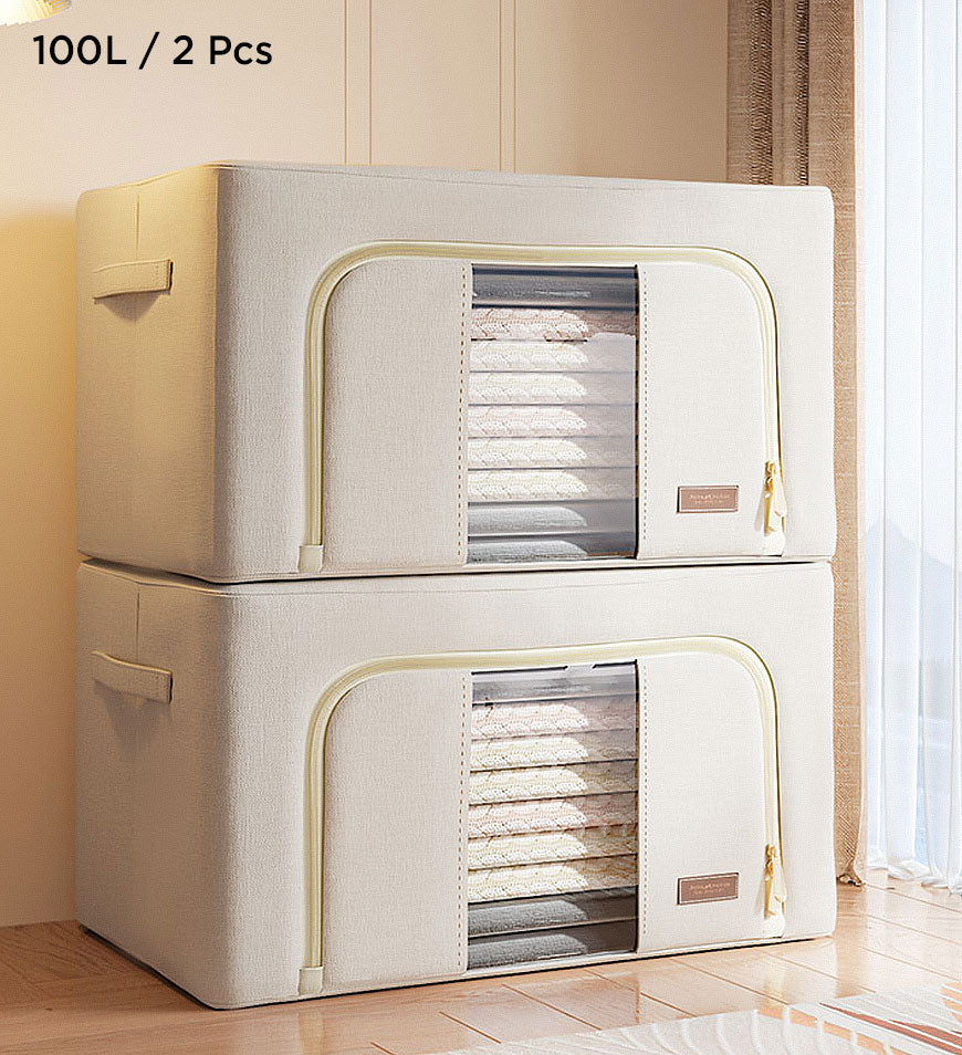 Moonval Foldable Cotton Storage Box, Fabric Closet Organizer for Clothes, Blankets & Linens