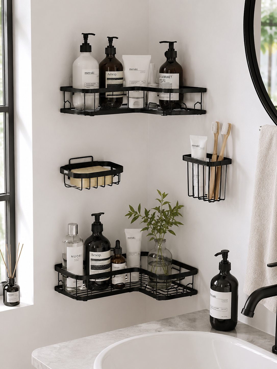 Moonval 5-Tier Corner Shower Caddy Set, No-Drill Metal Bathroom Shelf Organizer