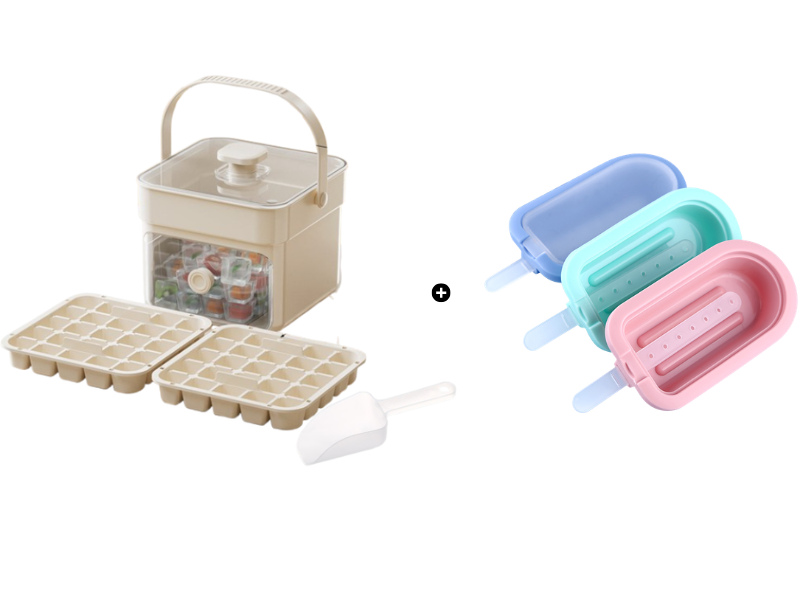 Moonval Ice Cube Maker Box, Press-to-Release Ice Tray with Storage Bin & Scoop