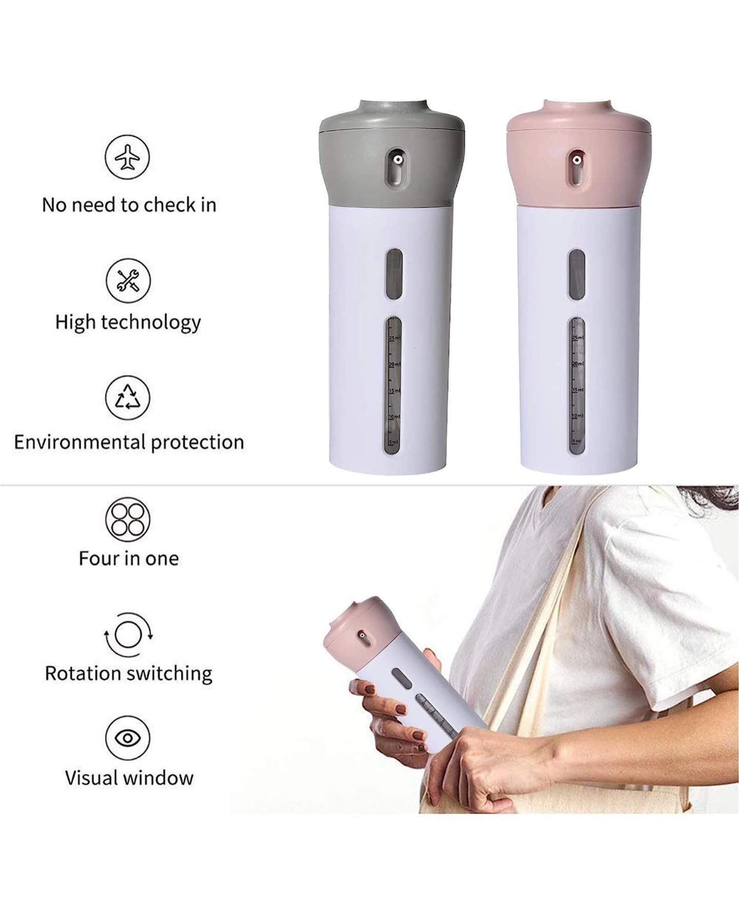 Moonval 4-in-1 Travel Dispenser Bottle, Leakproof Refillable Toiletry Container for Shampoo, Lotion & Soap