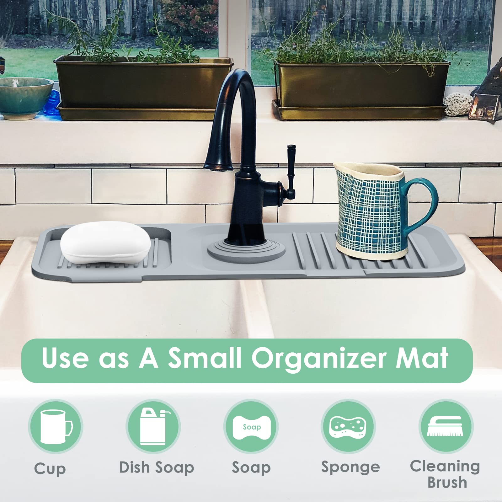 Moonval Silicone Faucet Splash Guard, 5° Self-Draining Sink Mat with Adjustable Opening
