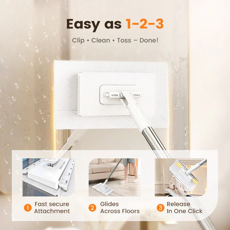 Moonval Reusable Flat Mop with 4 Microfiber Pads, One-Click Cloth Release and Adjustable Handle