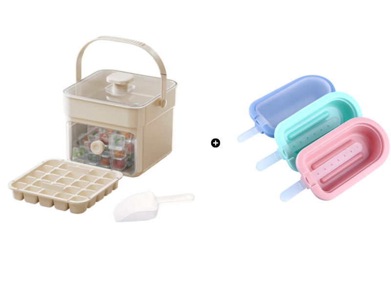 Moonval Ice Cube Maker Box, Press-to-Release Ice Tray with Storage Bin & Scoop