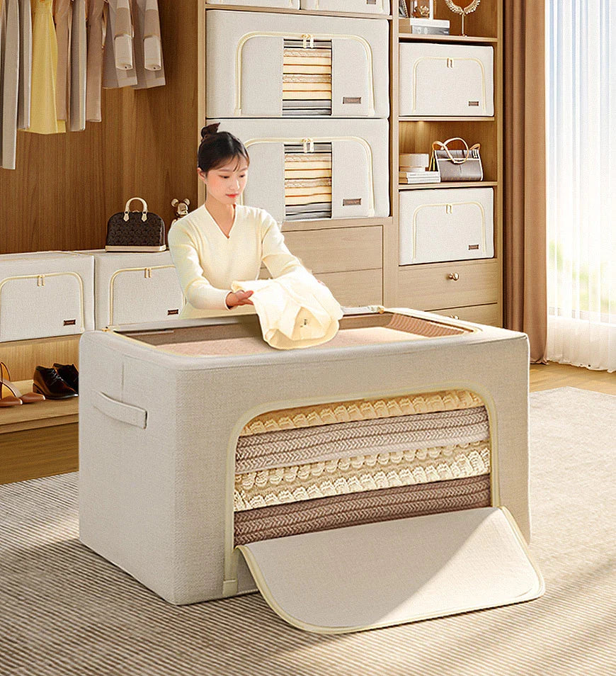 Moonval Foldable Cotton Storage Box, Fabric Closet Organizer for Clothes, Blankets & Linens
