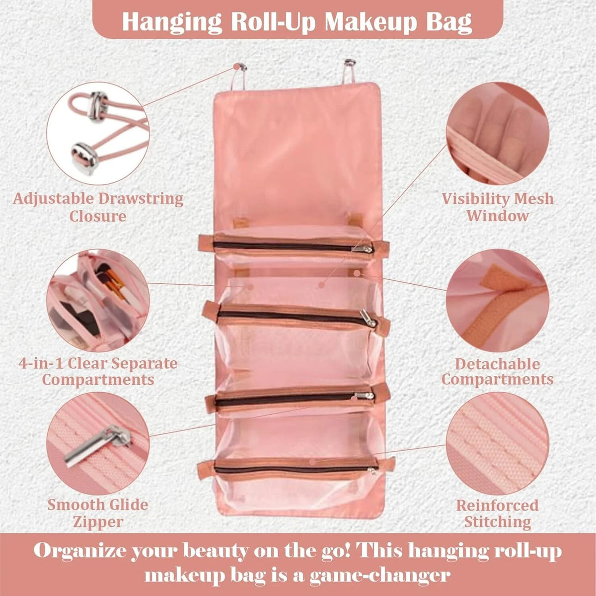 Moonval Hanging Makeup Organizer, Roll-Up Cosmetic Bag with 4 Detachable Compartments