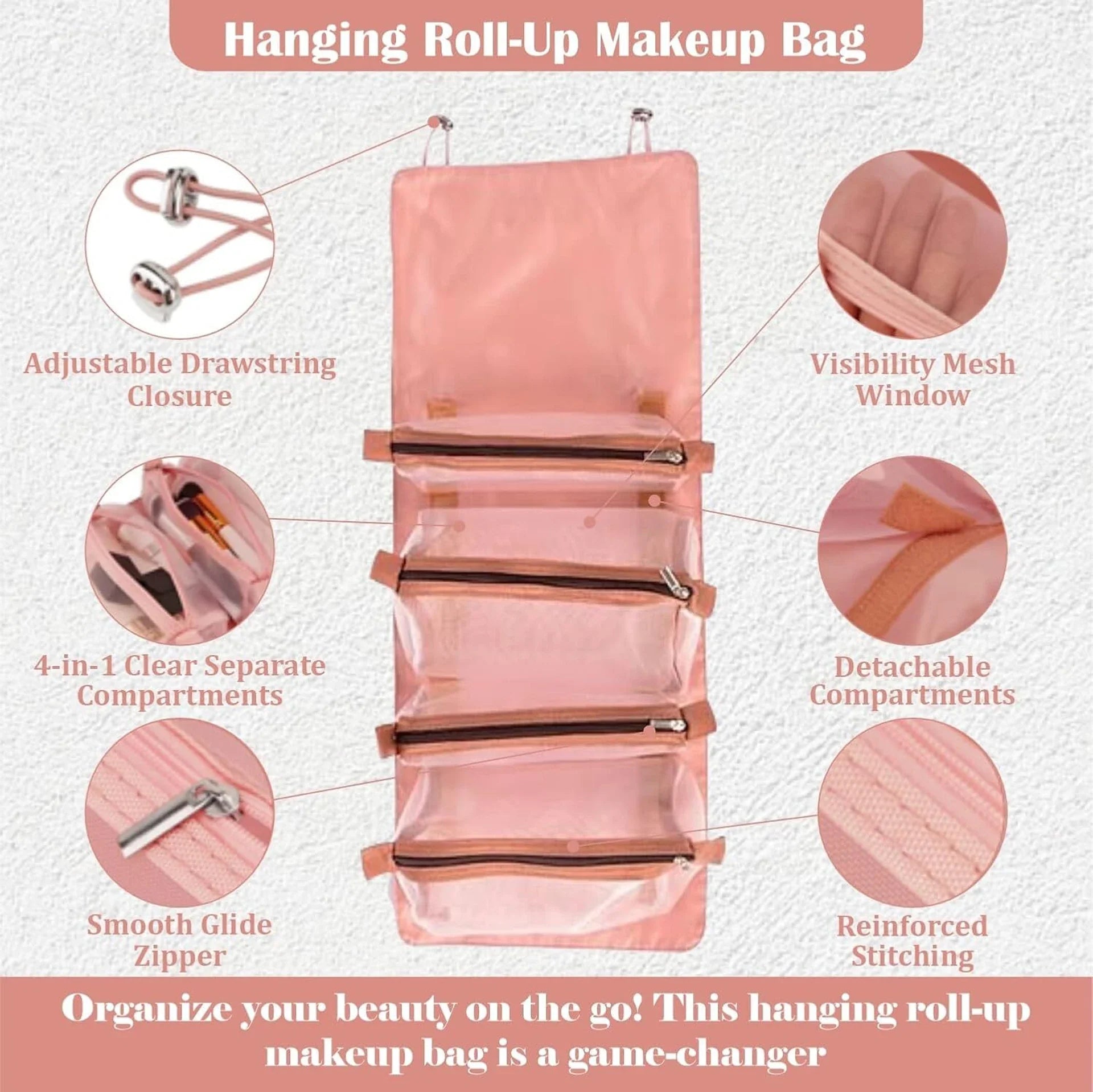 Moonval Hanging Makeup Organizer, Roll-Up Cosmetic Bag with 4 Detachable Compartments