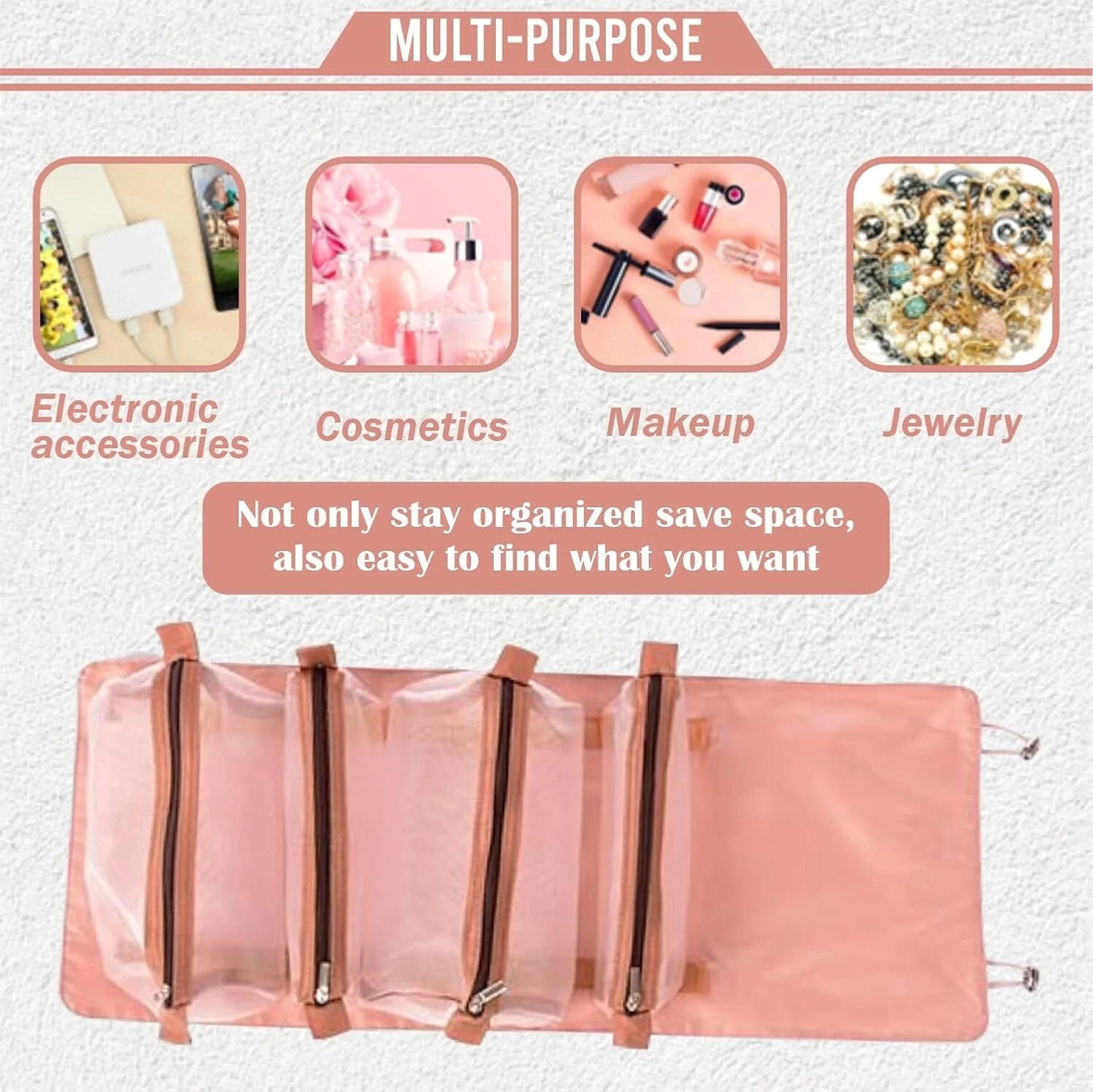 Moonval Hanging Makeup Organizer, Roll-Up Cosmetic Bag with 4 Detachable Compartments