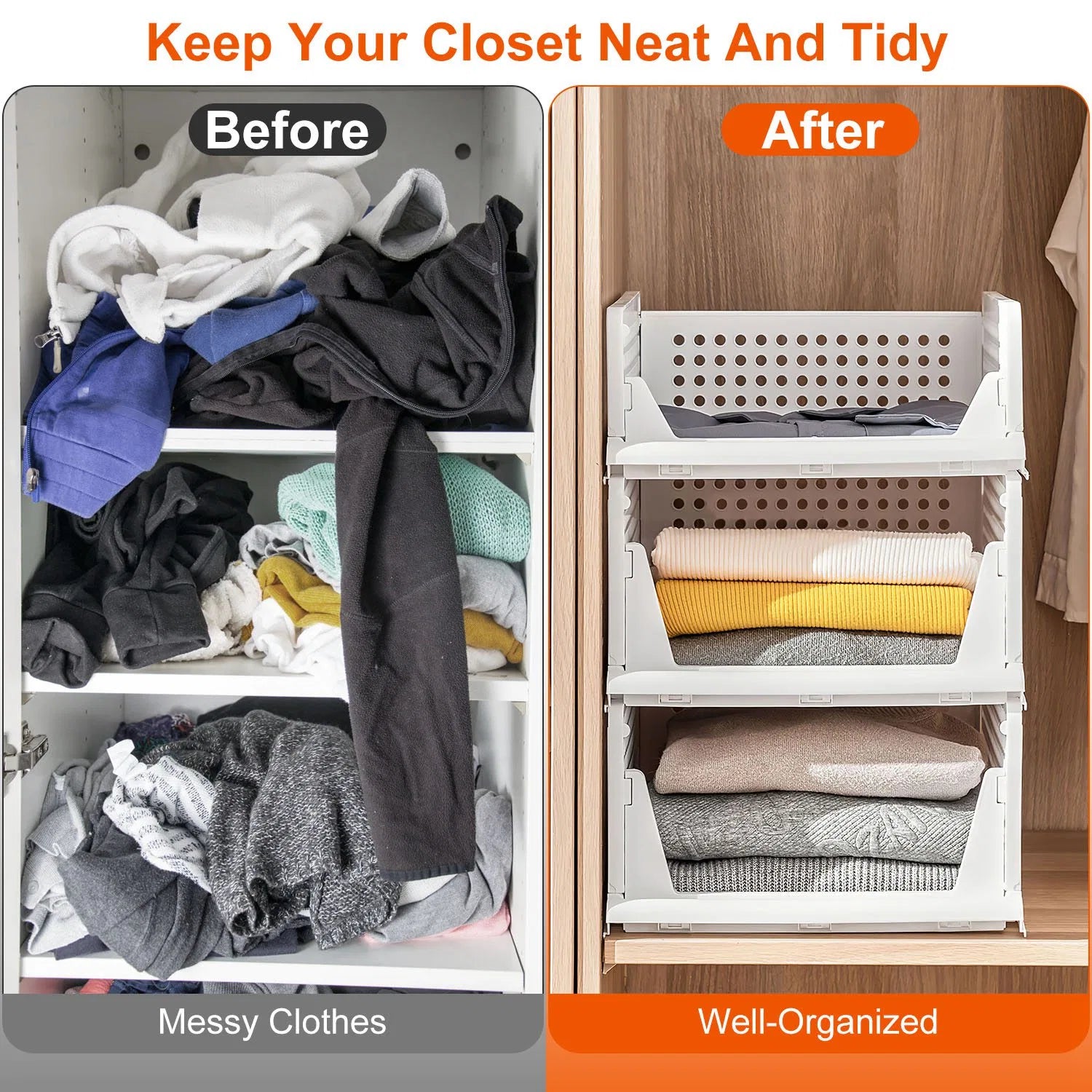 Moonval Stackable Storage Bin, Foldable Drawer Organizer for Closet, Pantry, Bedroom & Home Storage