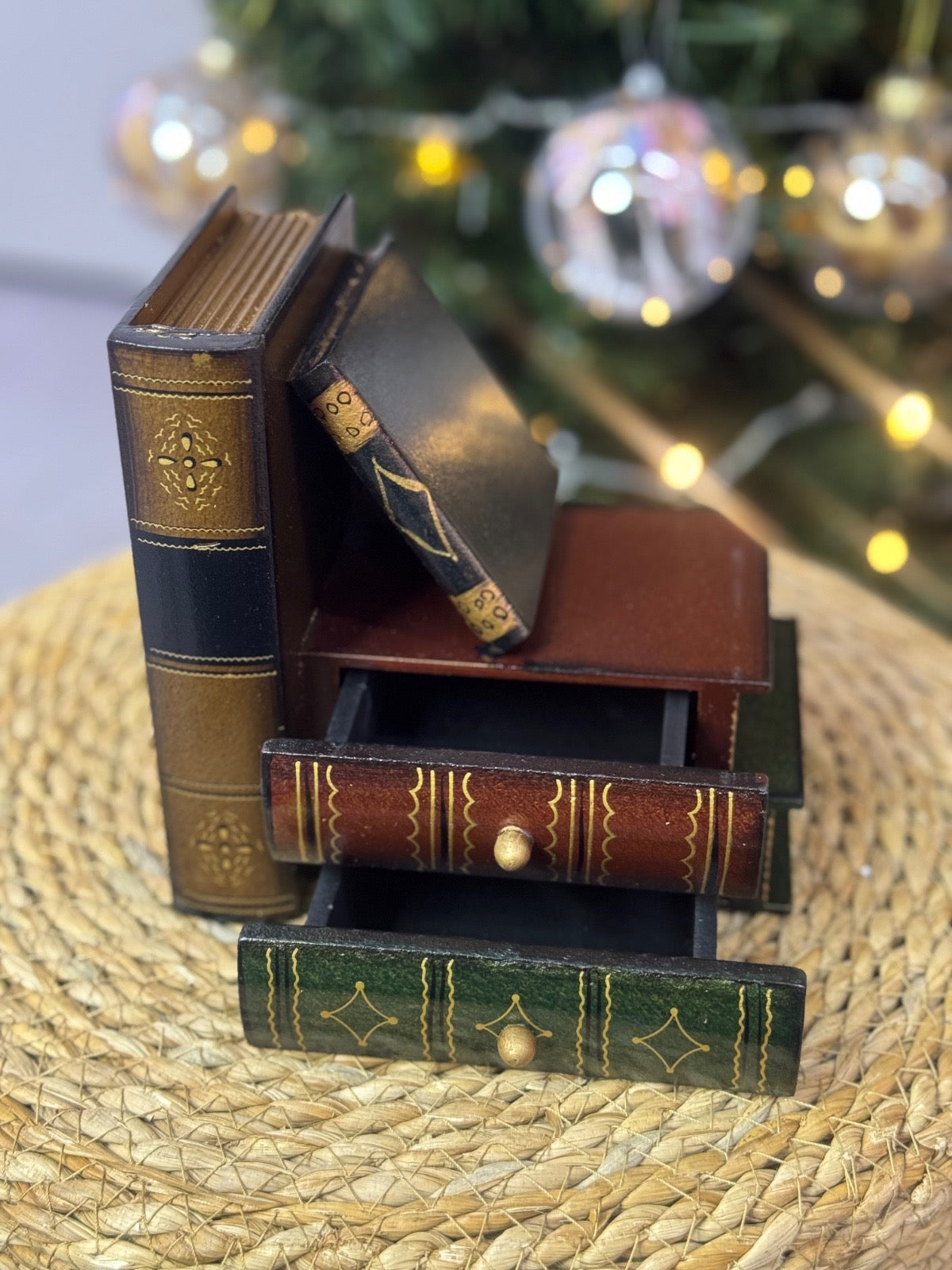 Moonval Decorative Bookend with Hidden Jewelry Drawers, Vintage Wooden Book Organizer