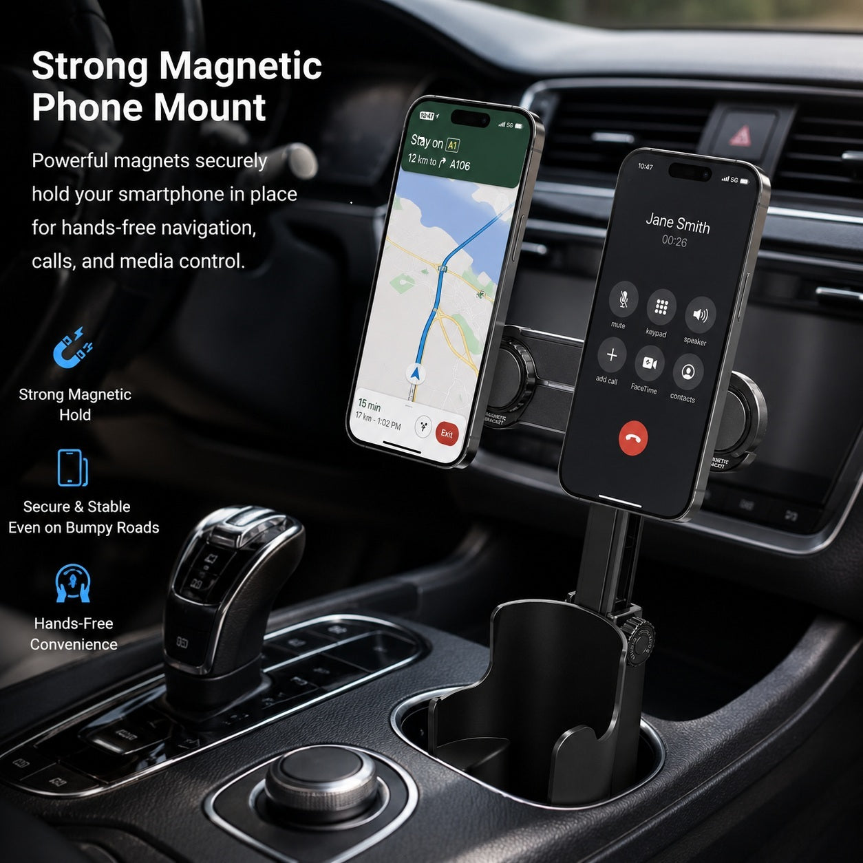 Moonval 2-in-1 Car Cup Holder Phone Mount, Adjustable Magnetic Smartphone Holder