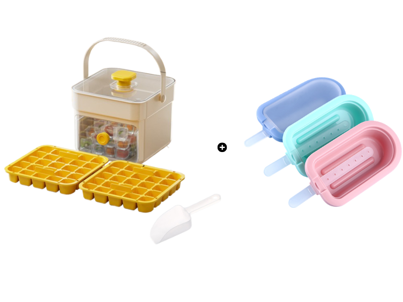 Moonval Ice Cube Maker Box, Press-to-Release Ice Tray with Storage Bin & Scoop