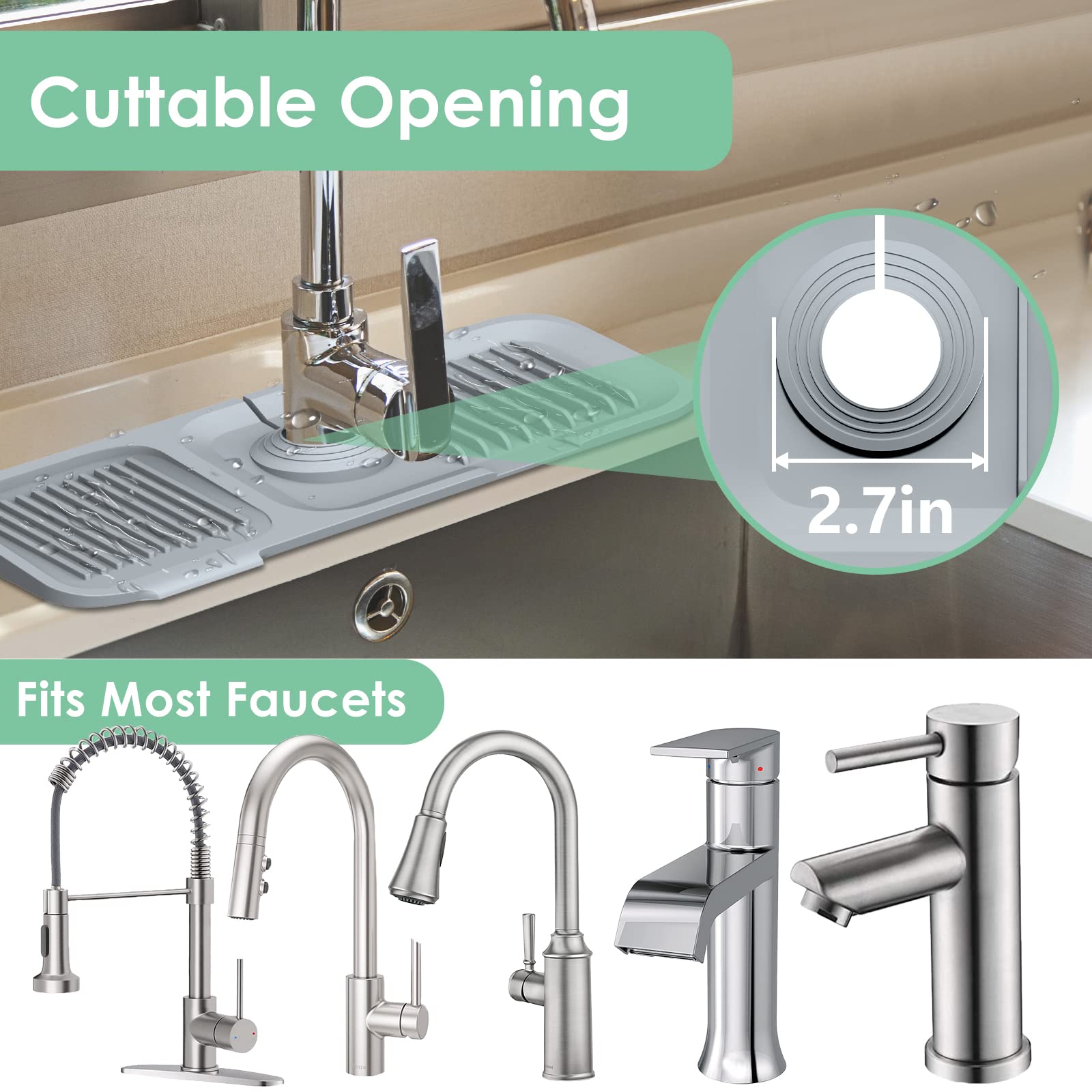 Moonval Silicone Faucet Splash Guard, 5° Self-Draining Sink Mat with Adjustable Opening