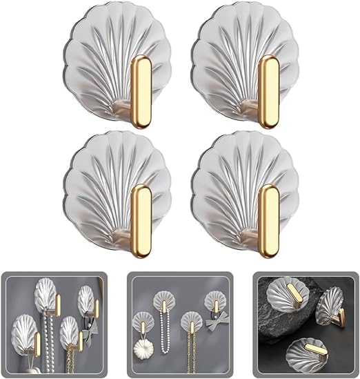 Moonval Adhesive Wall Hooks, Gold & Silver Seashell Hangers, No-Drill 4-Piece Set