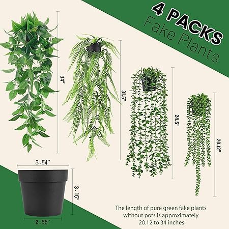 Moonval 4Pcs Fake Plants, Artificial Plants Fake Hanging Plants for Boho Home Bathroom Bedroom Living Room Office Wall Shelf Decor Indoor Outdoor