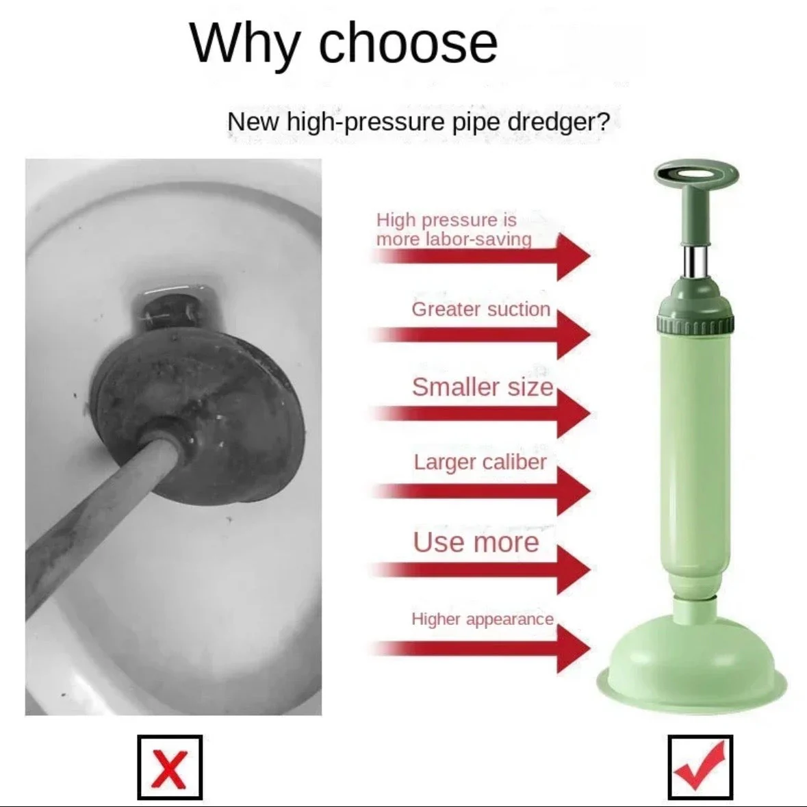 Moonval High-Pressure Toilet Plunger, Household Drain Unblocker for Toilets, Sinks & Floor Drains