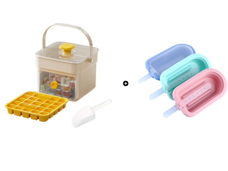 Moonval Ice Cube Maker Box, Press-to-Release Ice Tray with Storage Bin & Scoop