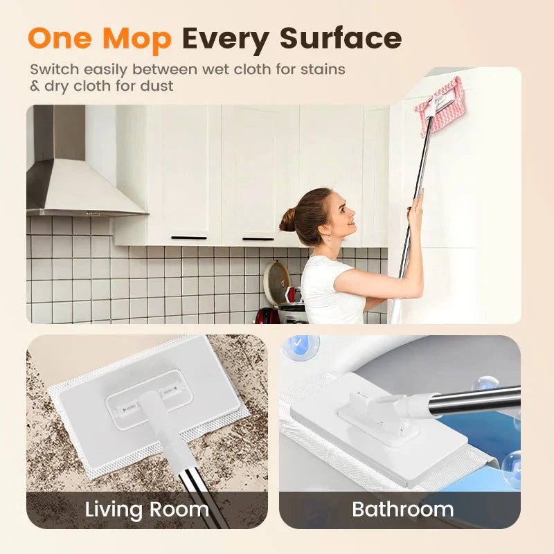 Moonval Reusable Flat Mop with 4 Microfiber Pads, One-Click Cloth Release and Adjustable Handle