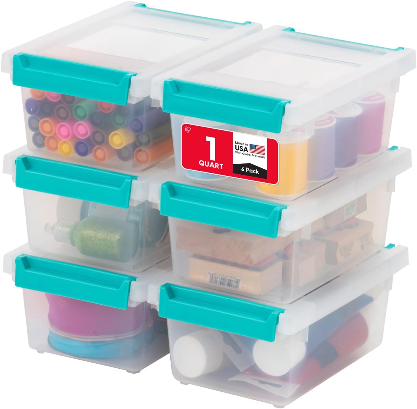 Moonval Craft Storage Bins, 6-Pack 1 Qt Clear Stackable Containers with Lids & Secure Latches