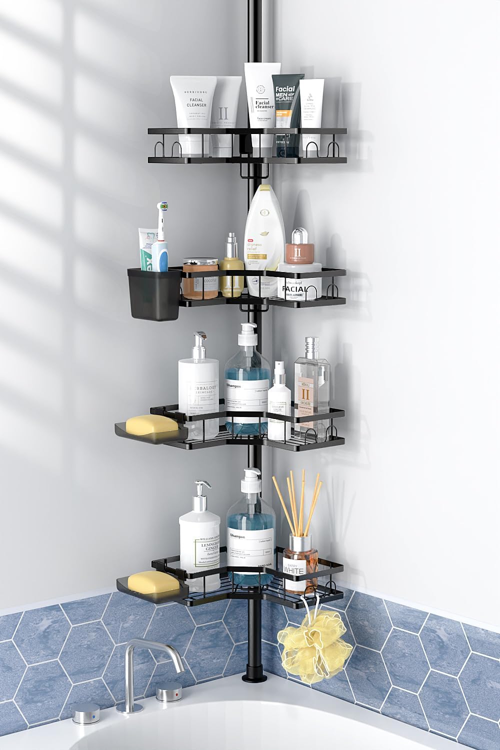 Moonval Corner Shower Caddy, 4-Tier Adjustable Rustproof Tension Pole Organizer, No-Drill Bathroom Shelf