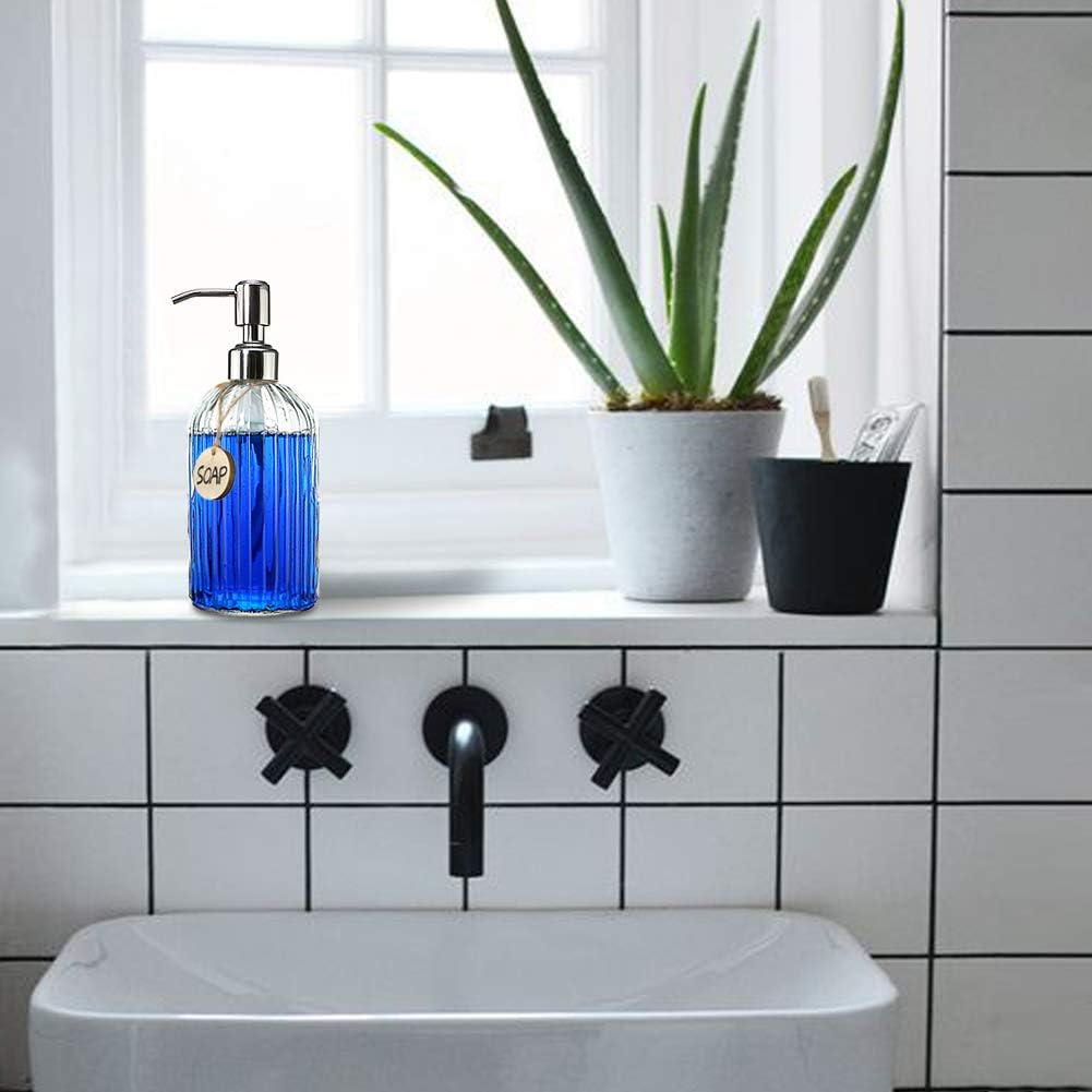 Moonval Glass Soap Dispenser, 18 oz Refillable Bottle with Rustproof Stainless Steel Pump