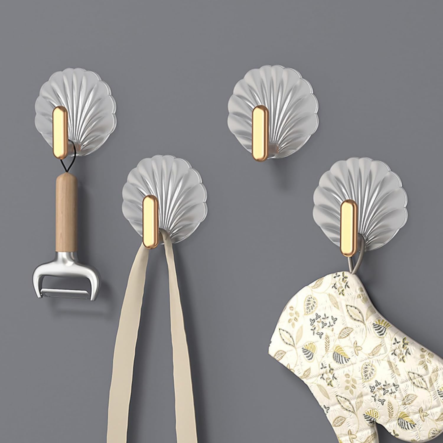 Moonval Adhesive Wall Hooks, Gold & Silver Seashell Hangers, No-Drill 4-Piece Set