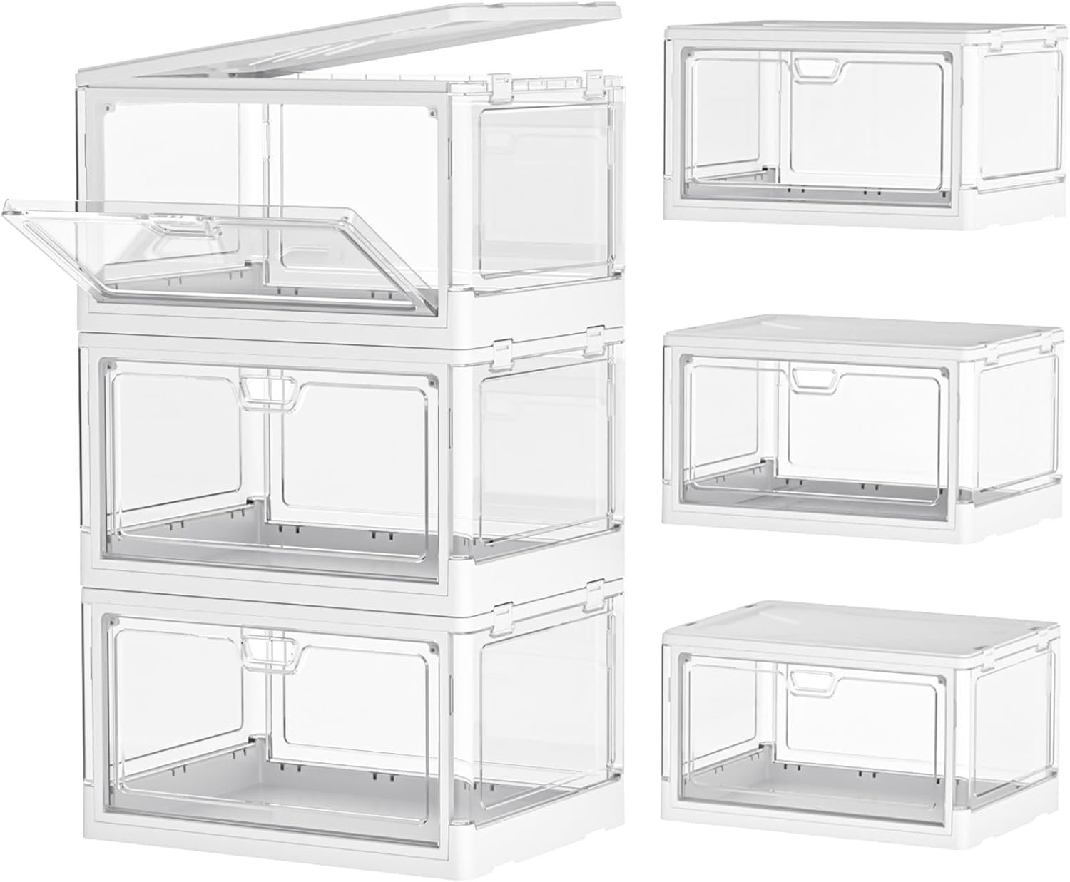 Moonval Clear Storage Bins, 3-Pack Foldable Stackable Containers with Lids & Magnetic Doors
